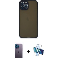 iPhone 12 Pro Ahenk Çizgi Serisi - Siyah 3D Antistatik Seramik Nano Ekran Koruyucu + Mavi Neon Fosforlu Kamera Lens