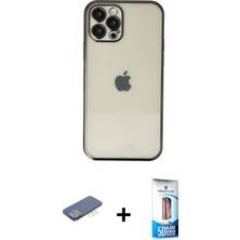 Cepte Toptan iPhone 12 Pro Max Vadi Minimal - Siyah 5d Eko Cam Ekran Koruyucu + Yeşil Renkli Kamera Lens Koruma Cam