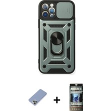 Cepte Toptan iPhone 12 Pro Ahenk Klasik - Siyah 34D Hayalet Izgaralı Cam + Koyu Yeşil Metal Kamera Lens Koruma Cam