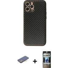 Cepte Toptan iPhone 12 Pro Ahenk Işık - Siyah 34D Hayalet Izgaralı Cam + Mavi Renkli Kamera Lens Koruma Cam