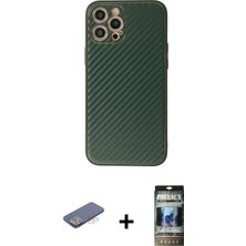 Cepte Toptan iPhone 12 Pro Ahenk Işık - Siyah 34D Hayalet Izgaralı Cam + Mavi Renkli Kamera Lens Koruma Cam
