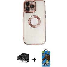 Cepte Toptan iPhone 14 Pro Max Pusula Form - Siyah 18D Cam Ekran Koruyucu + Gümüş Raze Metal Kamera Lens