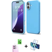 Cepte Toptan iPhone 16 Plus Ahenk Serisi - Siyah 3D Antistatik Cam Ekran Koruyucu + Pembe Raze Metal Kamera Lens