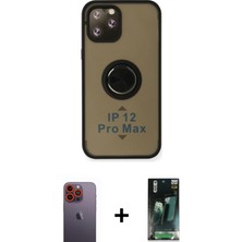 Cepte Toptan iPhone 12 Pro Max Yörünge Çizgi - Siyah 360 Mat Full Body Arka Koruyucu + Turuncu Neon Fosforlu Kamera Lens