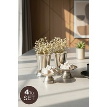 Vienev 4'lü Gümüş Renk Kahve Yanı Sunum Seti - 2x(Ayaklı Lokumluk, Mini Gül Kovası) - Çeyizlik Ikramlık