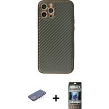 Cepte Toptan iPhone 12 Pro Ahenk Işık - Siyah 34D Hayalet Izgaralı Cam + Mavi Renkli Kamera Lens Koruma Cam