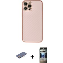 Cepte Toptan iPhone 12 Pro Ahenk Işık - Siyah 34D Hayalet Izgaralı Cam + Mavi Renkli Kamera Lens Koruma Cam