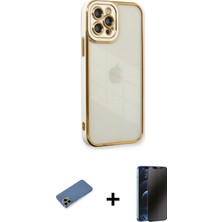 Cepte Toptan iPhone 12 Pro Çekirdek Klasik Serisi - Siyah 3D Antistatik Hayalet Cam Ekran Koruyucu + Gold Shine Kamera Lens Koruma Cam