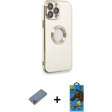 Cepte Toptan iPhone 13 Pro Max Iz Form Serisi - Siyah 18D Cam Ekran Koruyucu + Mor Metal Kamera Lens Koruma Cam