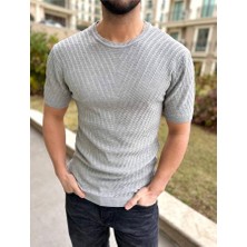 Elku Moda Tişört Örme Triko Tişört Nefes Alabilen Desenli Terletmez Slim Fit Dar Kesim T-Shirt