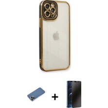 Cepte Toptan iPhone 12 Pro Çekirdek Klasik Serisi - Siyah 3D Antistatik Hayalet Cam Ekran Koruyucu + Gold Shine Kamera Lens Koruma Cam