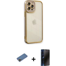 iPhone 12 Pro Çekirdek Klasik Serisi - Siyah 3D Antistatik Hayalet Cam Ekran Koruyucu + Gold Shine Kamera Lens Koruma Cam