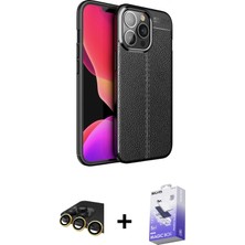 iPhone 13 Pro Max Doruk Klasik Özel Seri - Siyah Bilvis 5in1 5d Magic Hayalet Cam Ekran Koruyucu + Gold Raze Metal Kamera Lens