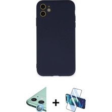 Cepte Toptan iPhone 11 Ahenk Serisi - Siyah 3D Antistatik Cam Ekran Koruyucu + Mavi Raze Metal Kamera Lens
