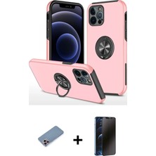 Cepte Toptan iPhone 12 Pro Max Odak Form Prime - Siyah 3D Antistatik Hayalet Cam Ekran Koruyucu + Pembe Shine Kamera Lens Koruma Cam