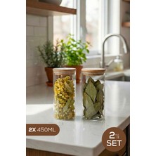 Vienev 2'li Set Bambu Kapaklı Cam Kavanoz 450 ml - Erzak Düzenleyici Saklama Kabı