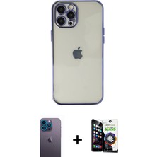 Cepte Toptan iPhone 12 Pro Max Vadi Minimal - Şeffaf Temperli Cam Ekran Koruyucu + Mavi Neon Fosforlu Kamera Lens