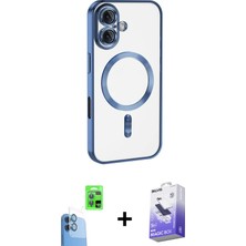 Cepte Toptan iPhone 16 Nova Işık Özel Seri - Siyah Bilvis 5in1 5d Magic Hayalet Cam Ekran Koruyucu + Lacivert Raze Metal Kamera Lens