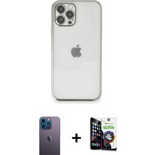 Cepte Toptan iPhone 12 Pro Max Vadi Minimal - Şeffaf Temperli Cam Ekran Koruyucu + Mavi Neon Fosforlu Kamera Lens