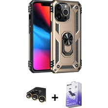 iPhone 14 Pro Max Ahenk Klasik Koleksiyonu - Siyah Bilvis 5in1 5d Magic Hayalet Cam Ekran Koruyucu + Gold Raze Metal Kamera Lens