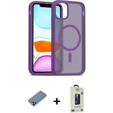 Cepte Toptan iPhone 11 Pro Max Siluet Minimal Prime - Siyah Bilvis Hayalet Cam Ekran Koruyucu + Mor Metal Kamera Lens Koruma Cam