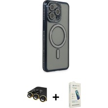 Cepte Toptan iPhone 14 Pro Zirve Doku Prime - Şeffaf Pasifik Cam Ekran Koruyucu + Gold Raze Metal Kamera Lens