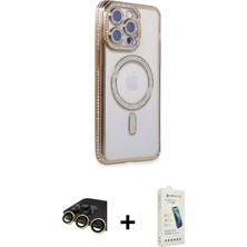 Cepte Toptan iPhone 14 Pro Zirve Doku Prime - Şeffaf Pasifik Cam Ekran Koruyucu + Gold Raze Metal Kamera Lens