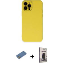 Cepte Toptan iPhone 12 Pro Max Çekirdek Modern Serisi - Siyah Bilvis Hayalet Cam Ekran Koruyucu + Gold Shine Kamera Lens Koruma Cam