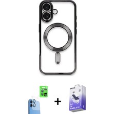 Cepte Toptan iPhone 16 Nova Işık Özel Seri - Siyah Bilvis 5in1 5d Magic Hayalet Cam Ekran Koruyucu + Lacivert Raze Metal Kamera Lens