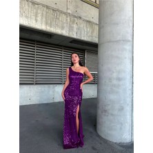 Woolnclyde Kadın Siyah Kadife Kumaş Tek Omuz Yırtmaçlı Sırt Detay Astarlı Pullu Maxi Abiye Elbise