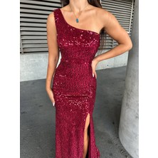 Woolnclyde Kadın Siyah Kadife Kumaş Tek Omuz Yırtmaçlı Sırt Detay Astarlı Pullu Maxi Abiye Elbise