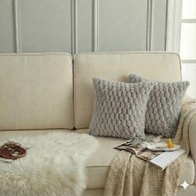 Puff Table 2'li Peluş Petek Tavşan Kırlent Kılıfı 45*45 Açık Gri Renk Yumuşak Kadife Yastık Çift Taraflı