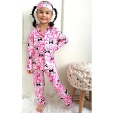 Lillypicca Kız Çocuk Kedi Desenli Pamuklu Düğmeli Pijama Takımı Göz Bandı Dahil Takım