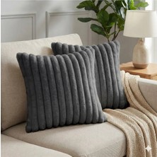 Puff Table 2'li Fitilli Peluş Kırlent Kılıfı 45*45 Antrasit Renk Yumuşak Kadife Yastık Çift Taraflı