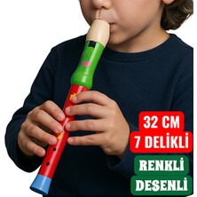 Eneci 32 cm Renkli Desenli Tamamı Ahşap 7 Delikli Flüt