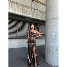 Woolnclyde Kadın Siyah Kadife Kumaş Tek Omuz Yırtmaçlı Sırt Detay Astarlı Pullu Maxi Abiye Elbise