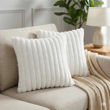 2'li Fitilli Peluş Kırlent Kılıfı 45*45 Ekru Renk Yumuşak Kadife Yastık Çift Taraflı