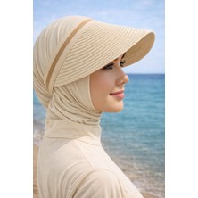 Aydın Şapkacınız Krem Güneş Koruyucu Ithal Şeritli Hasır Vizör Şapka Tesettüre Uygun Taç Model Yazlık  Şapka