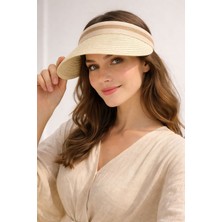 Aydın Şapkacınız Bej Güneş Koruyucu Ithal Şeritli Hasır Vizör Şapka Tesettüre Uygun Taç Model Yazlık  Şapka