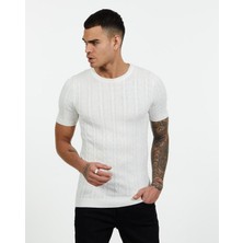 Elku Moda Slim Fit Nefes Alabilen Örgü Desenli Tişört - Terletmez Şık ve Konforlu Darkesim Triko T-Shirt