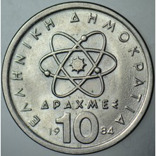 Banknoting Yunanistan 10 Drahmi 1984 Demokritos ve Atom Temalı. 26 Mm.