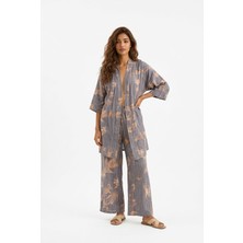 Kadın Desenli Kimono Gömlek Pantolon Takım Trend Alt Üst Takım