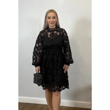 Muna Boutique Ithal Bisiklet Yaka Dantel Önden Düğme Detaylı Siyah Kadın Elbise