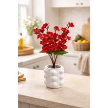 Lineva Beton Bubble Saksıda Kırmızı Bahar Dalı Yapay Çiçek – Dekoratif Masa Üstü Salon Ofis Çiçeği