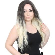 Elma Shop Su Daası Uzun Perçemsiz Fiber Sen Peruk / Küllü Siyah / Platin Ombreli