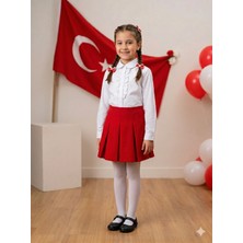 tinytrends Kız Çocuk Kırmızı Beyaz 23 Nisan Gösteri Elbise Kombin Alt Üst Takım (Külotlu Çorap Hediyeli)