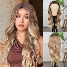 Elma Shop Kumral Dore Sarı Ombre ve Röfleli Fiber Sen Geniş Daalı Tül Peruk