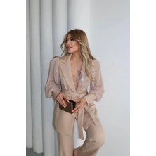 Castivo Fashion Çiçek Aplikeli Pliseli Kol Kuşaklı Şık Takım