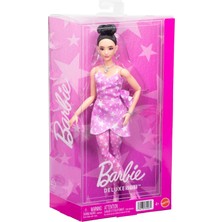 Barbie Deluxe Stil Moda Bebeği #11 - Yıldız Desenli Pembe Denim Elbise ve Topuz Saçlı