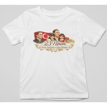 Ontunew 23 Nisan Baskılı Bisiklet Yaka Pamuklu Kısa Kollu Erkek ve Kız Çocuk Tişört